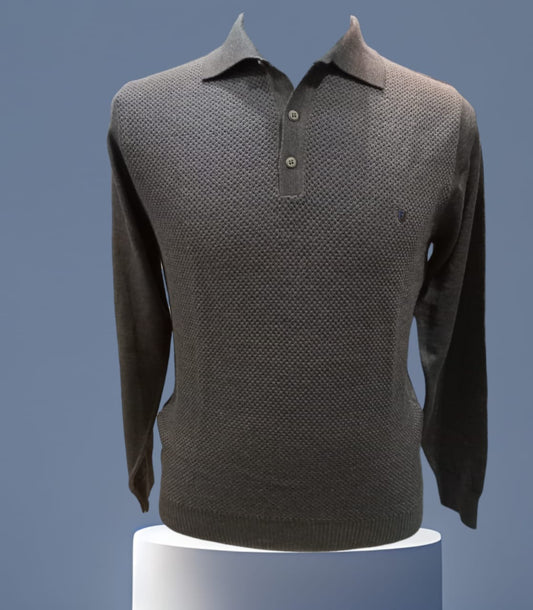 PULL COL POLO MARRON EN LAINE MELANGEE