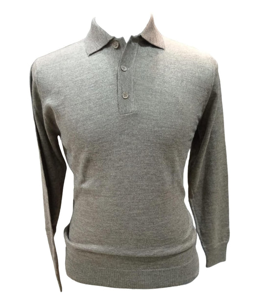 PULL COL POLO BEIGE FONCE EN LAINE MELANGEE