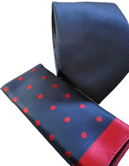 CRAVATE BLEUE AVEC POCHETTE A POIS ROUGES