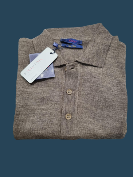 PULL COL POLO BEIGE FONCE EN LAINE MELANGEE